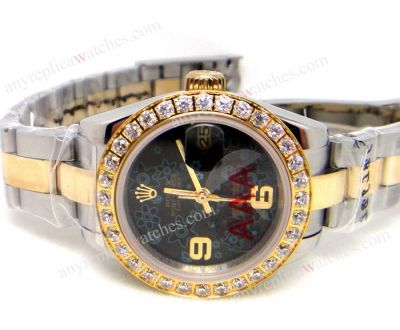 Replica ROLEX Datejust 2-Tone Black Flower Diamond Ladies Watch